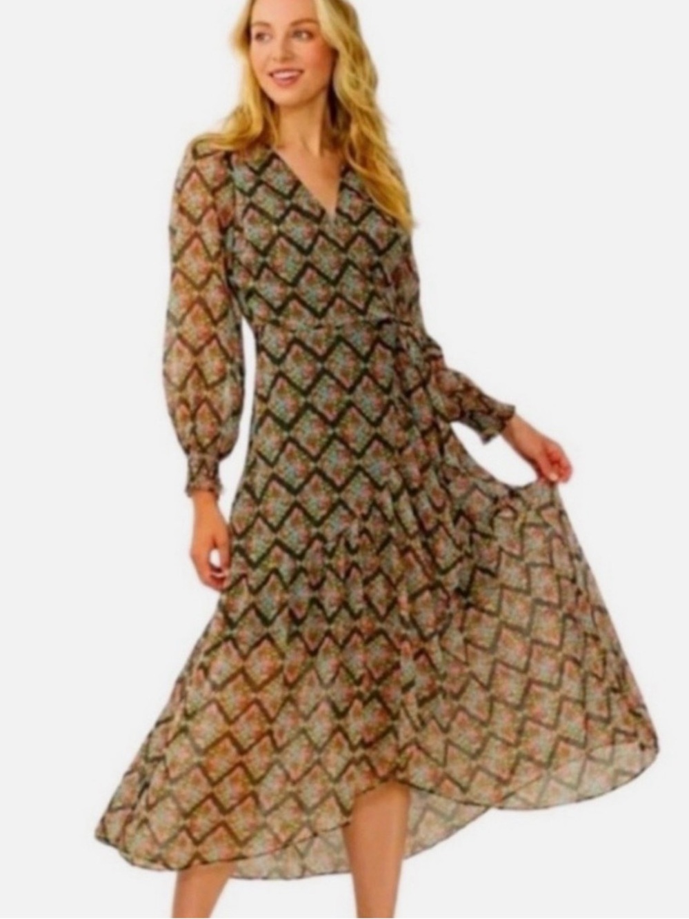 LC Lauren Conrad maxi dress, multi-color floral diamond print, high-low hem